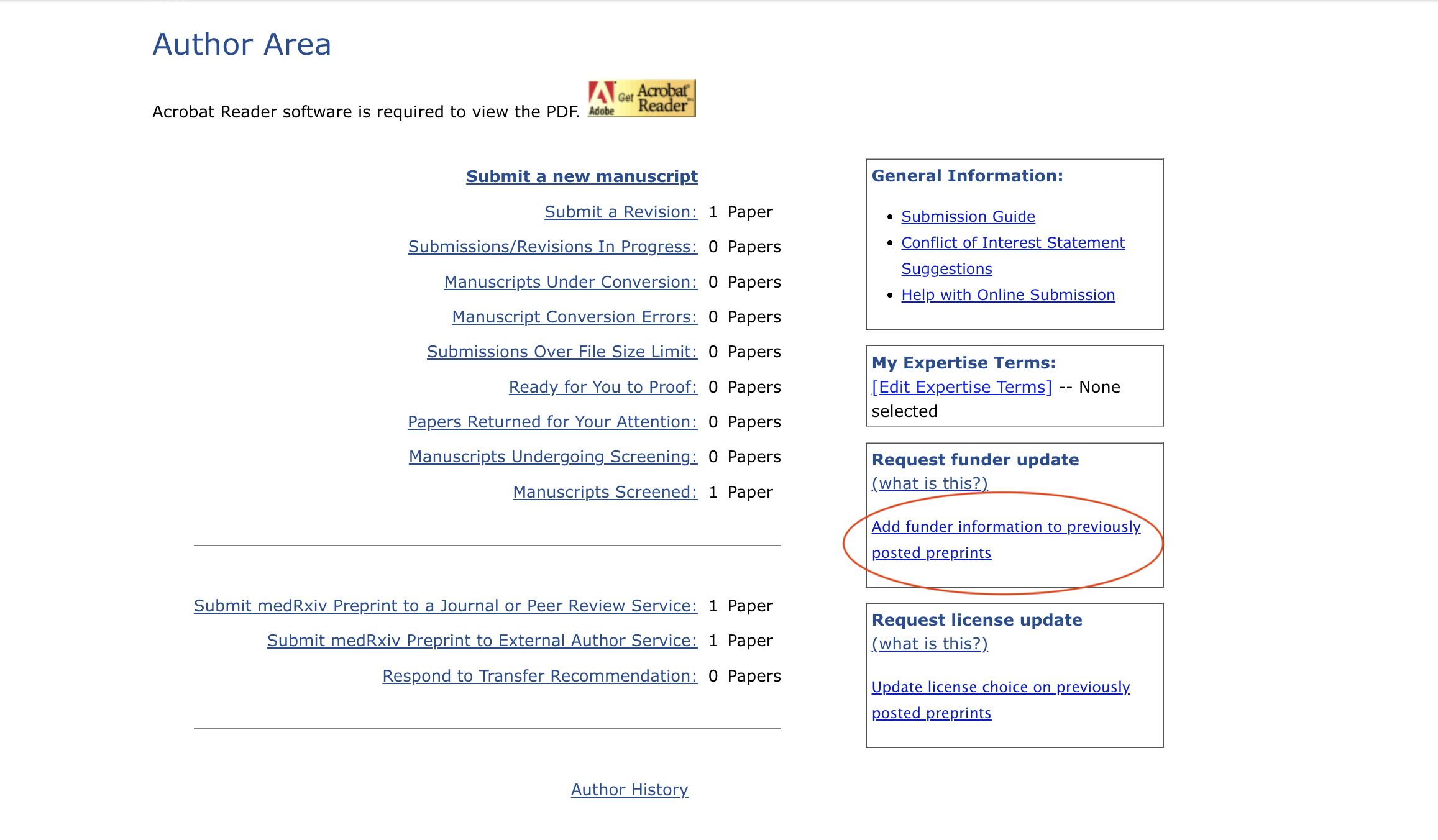 Screenshot of adding funder information to previously posted preprints